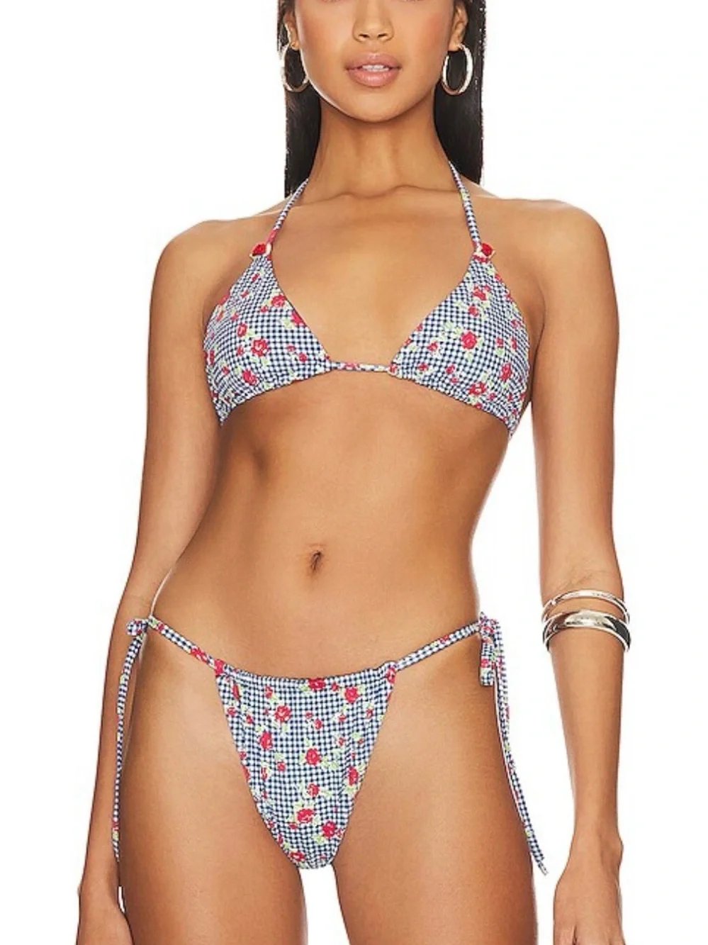 Frankie's Bikinis Blue & White Gingham with Red Floral Triangle Bikini